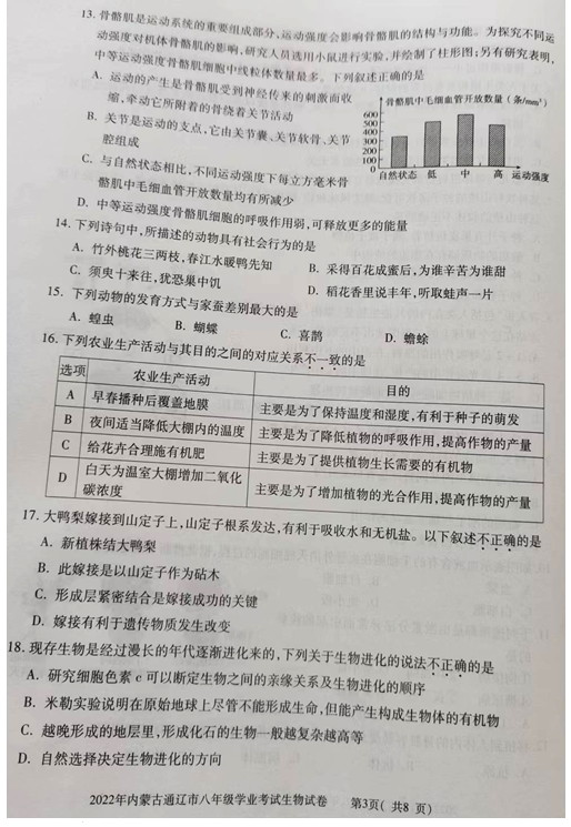 2023年通遼市中考生物試卷真題及答案