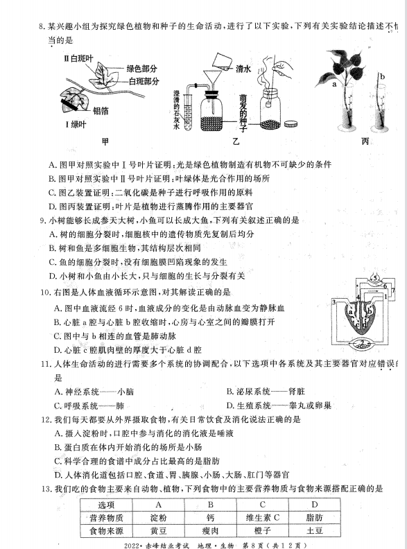 2023年赤峰市中考生物試卷真題及答案