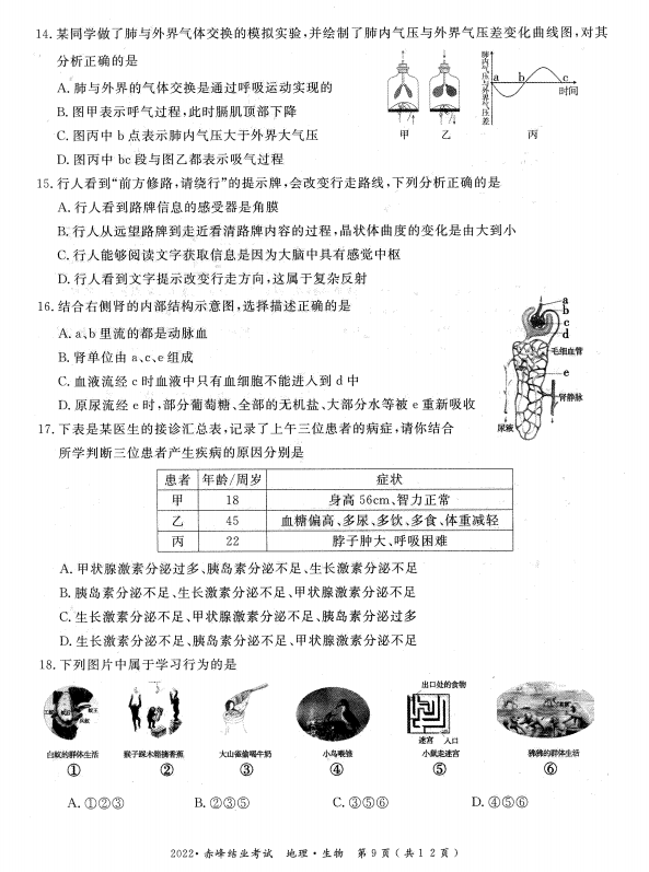 2023年赤峰市中考生物試卷真題及答案