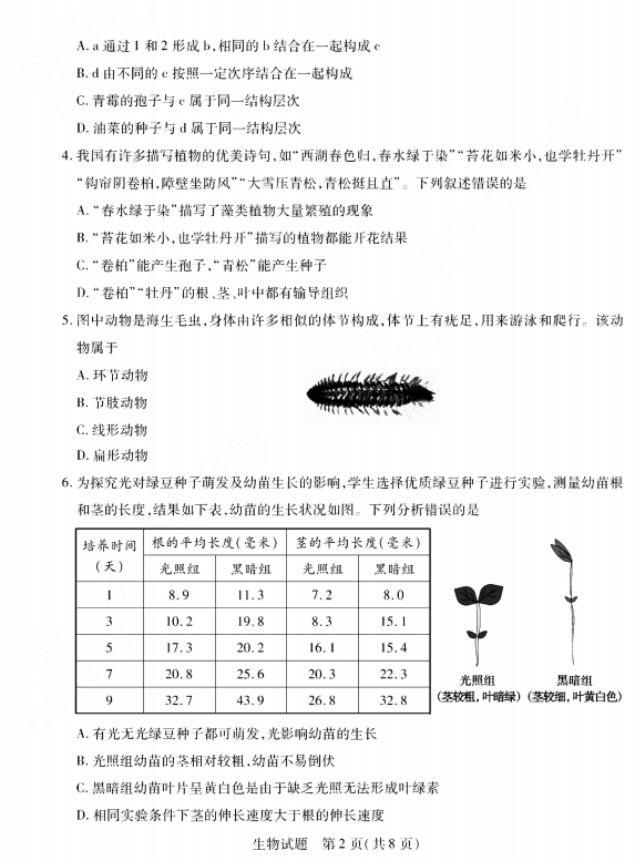 2023年泰安市中考生物試卷真題及答案